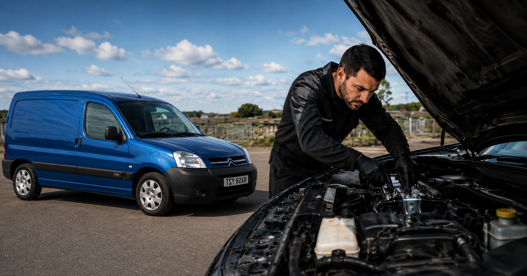 Mechanic servicing a vehicle next to a Somerset Mobile Autocare van